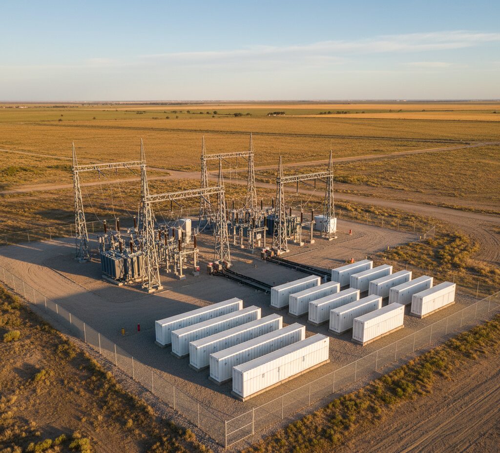 Utility-scale BESS site with substation infrastructure