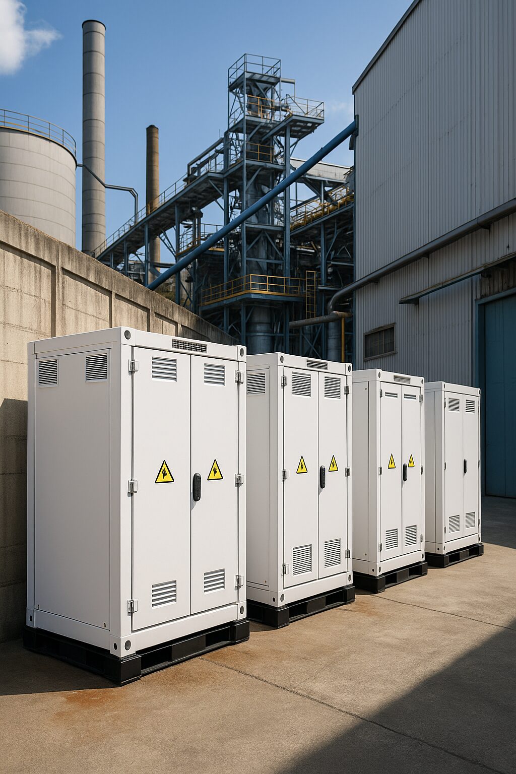 Commercial & industrial BESS cabinets on-site at an industrial facility